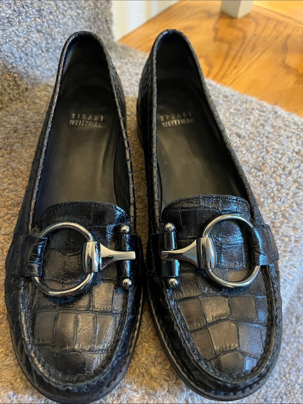 Stuart Weitzman Black Croc-Embossed Loafers with Silver Ring Bit